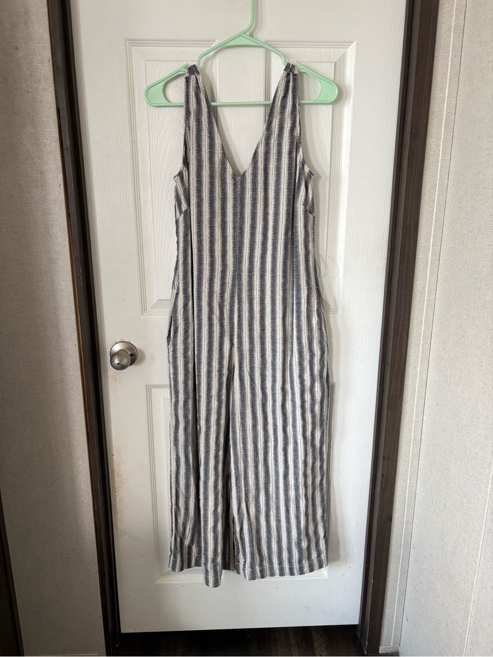 Max Studio Navy and Cream Striped V-Neck Jumpsuit